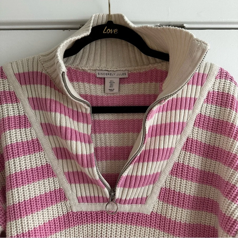 3/$25 ⭐️ Sincerely Jules Pink and White Striped Quarter Zip Sweater